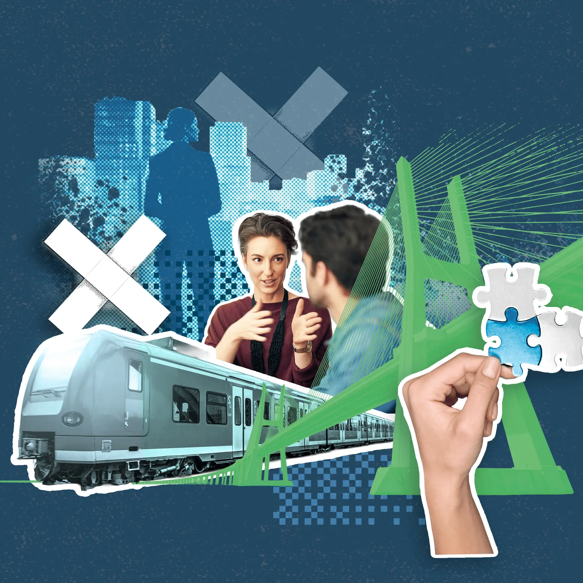 Collage with people talking, city silhouettes, a passenger train, puzzle pieces, and green diagonal lines on blue.
