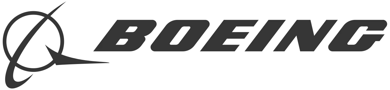 Boeing logo featuring bold BOEING text and a circular orbital ring icon on a dark background