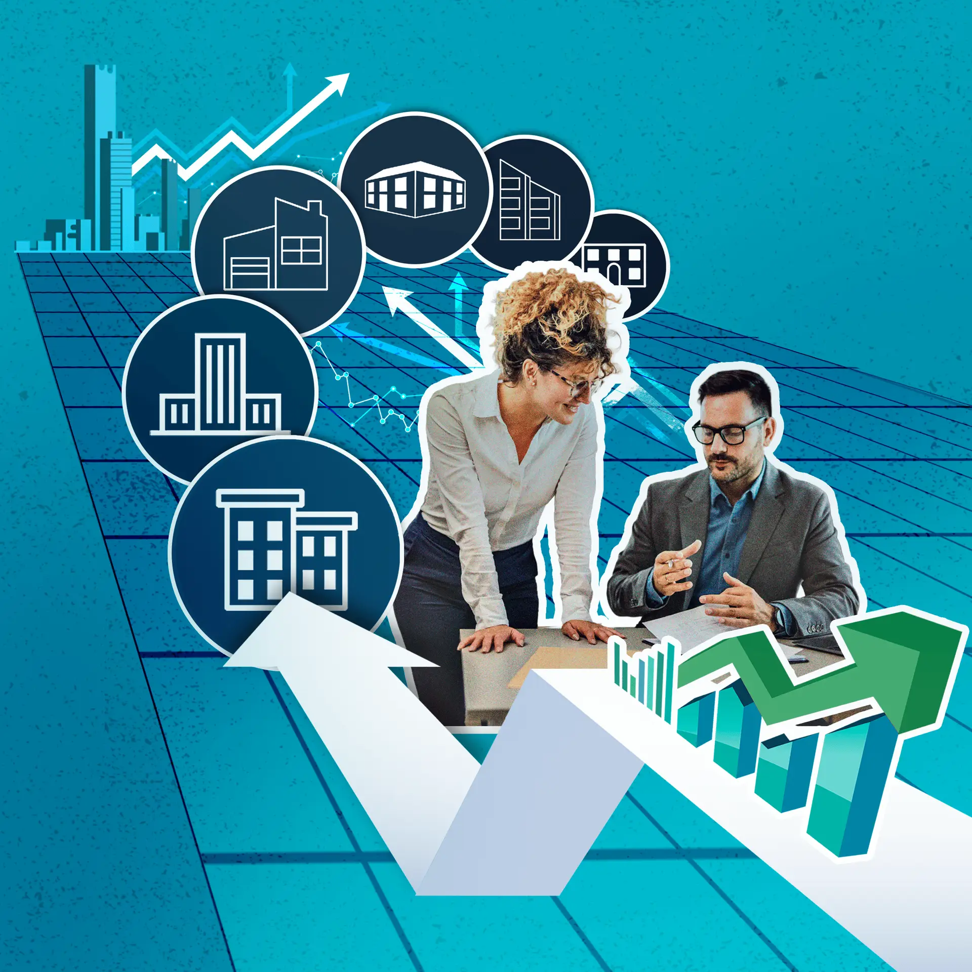 Two professionals review a real estate growth infographic with circular building icons and rising arrows on a teal grid.