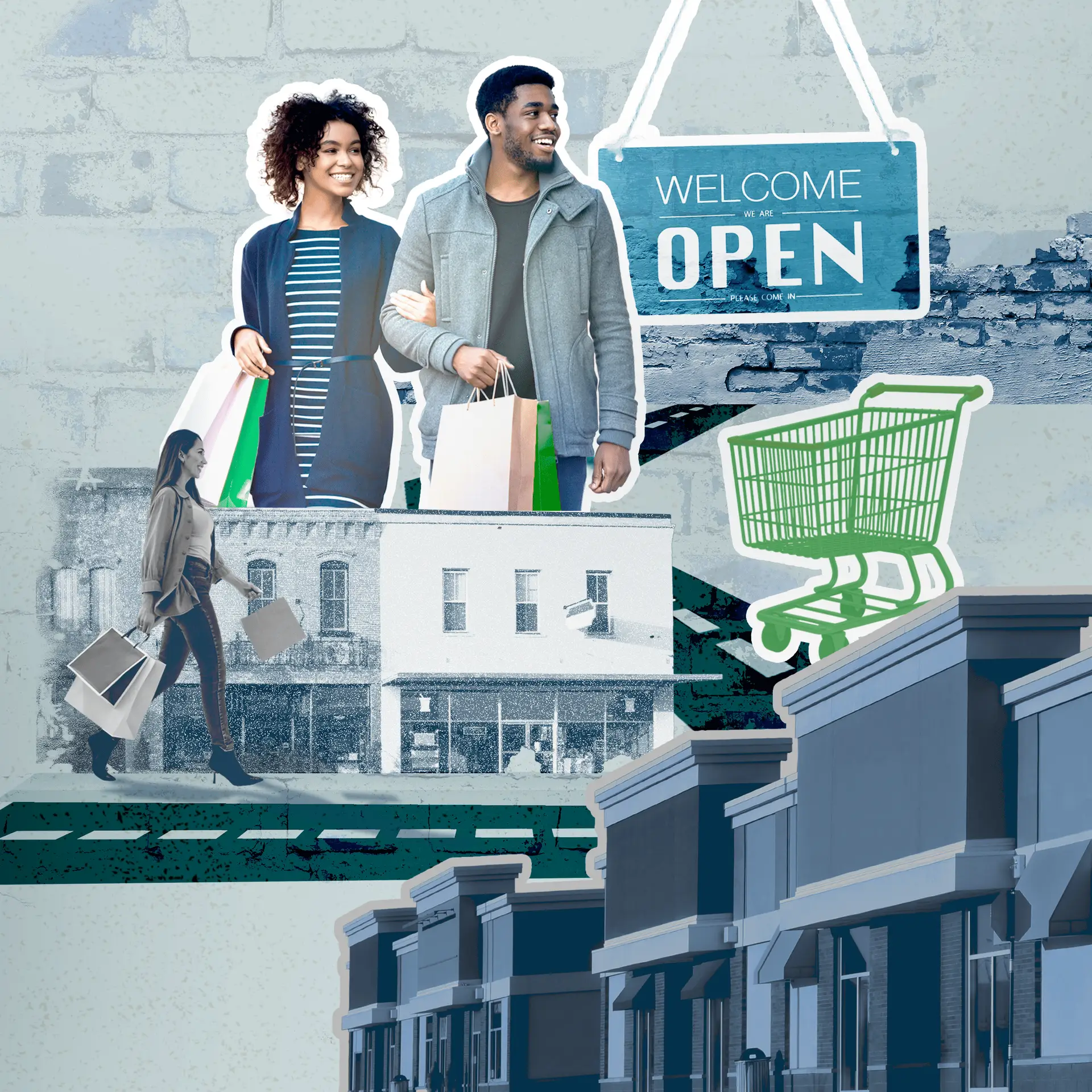 Shoppers with shopping bags stand outside a storefront in a collage-style scene with a hanging 'OPEN' sign.