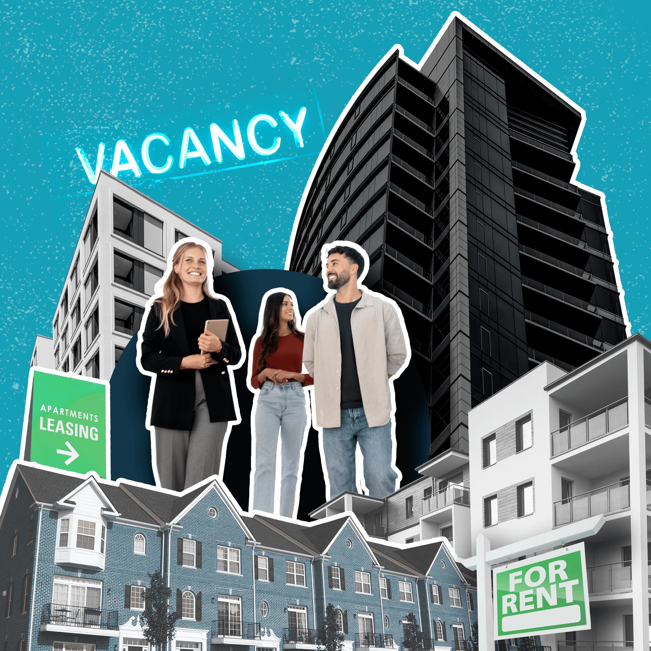 Neon VACANCY sign with a diverse group of people in front of modern apartment buildings and rent signs.